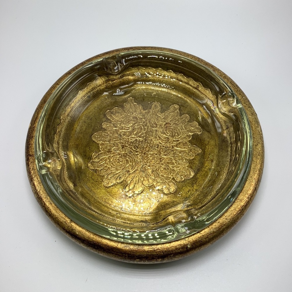 Vtg 9" Florentine Gilt Wood Art Glass‎ Cigar Cigarette Ashtray Gold Floral